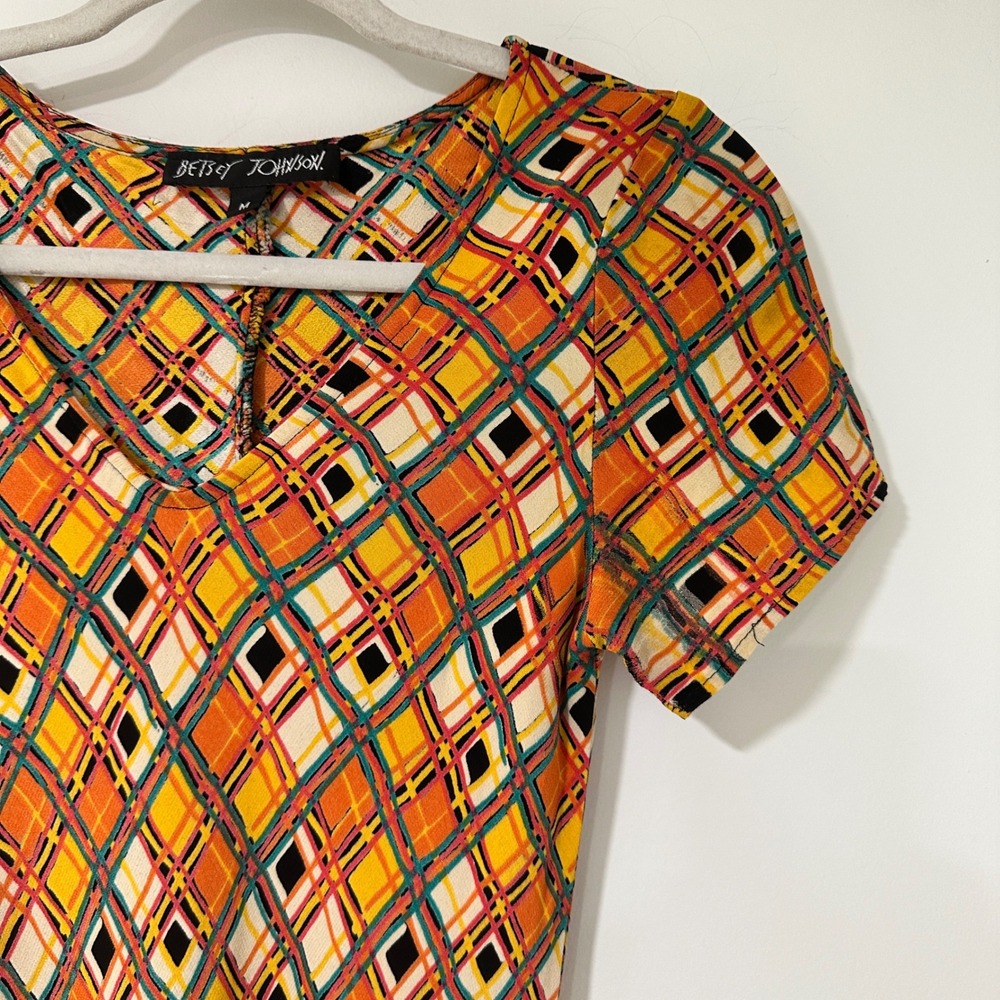 Vintage 90s Betsey Johnson Dress Womens M Orange Geometric Rayon USA Made - Picture 2 of 7